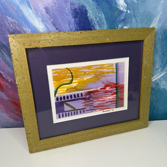Original Abstract Watercolor Framed Signed Anderson Purple Coastal Tropical Art